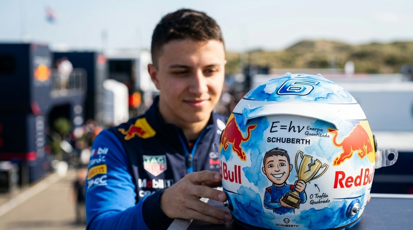 Capacete de Hadjar para Zandvoort 2026 homenageia pódio e troféu quebrado