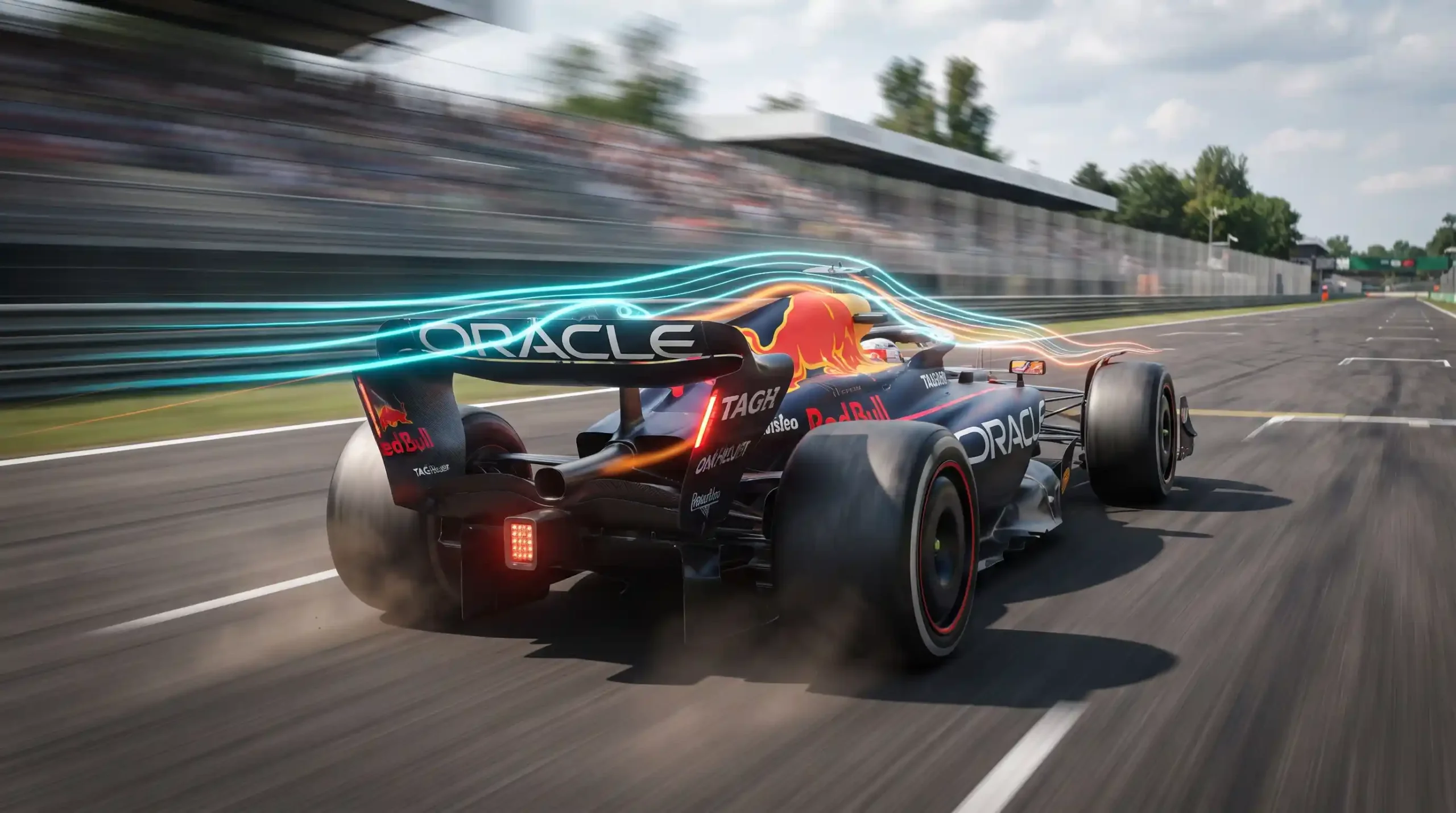 Carro de Formula 1 em alta velocidade acionando a asa traseira móvel DRS em uma reta