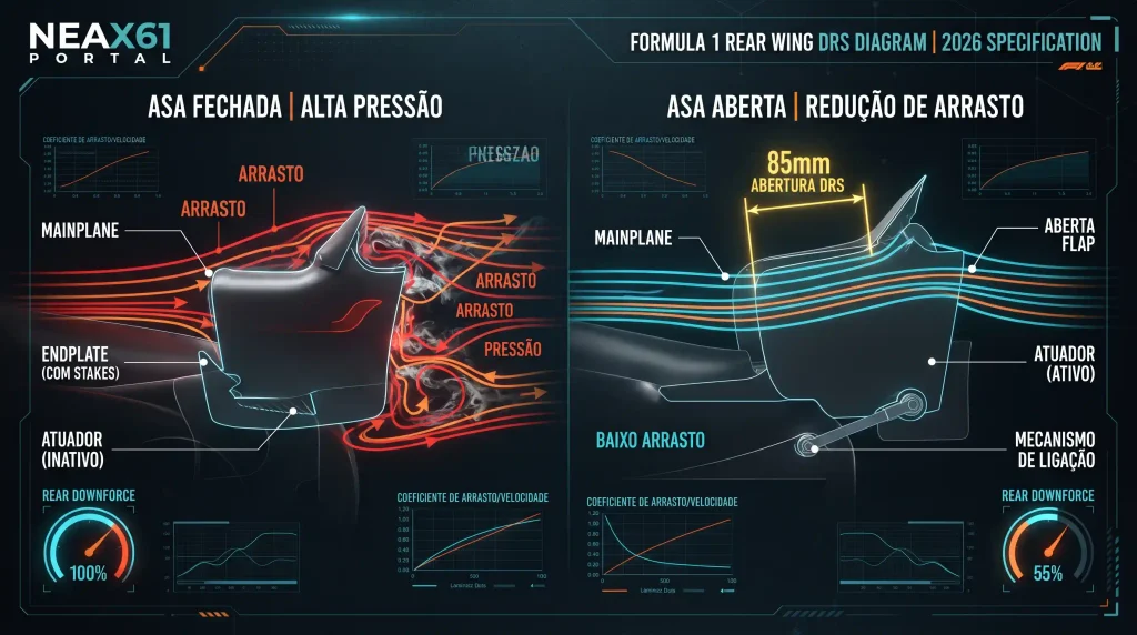 Diagrama técnico mostrando o funcionamento e a abertura do flap do DRS na asa traseira