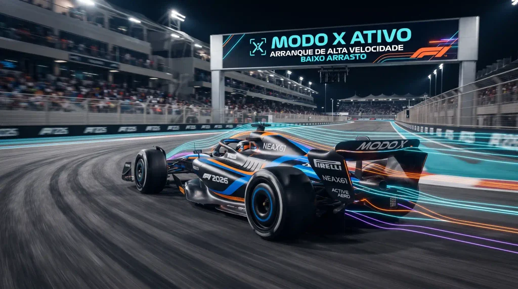 Carro de Formula 1 de 2026 com aerodinâmica ativa operando em modo de baixo arrasto X-Mode