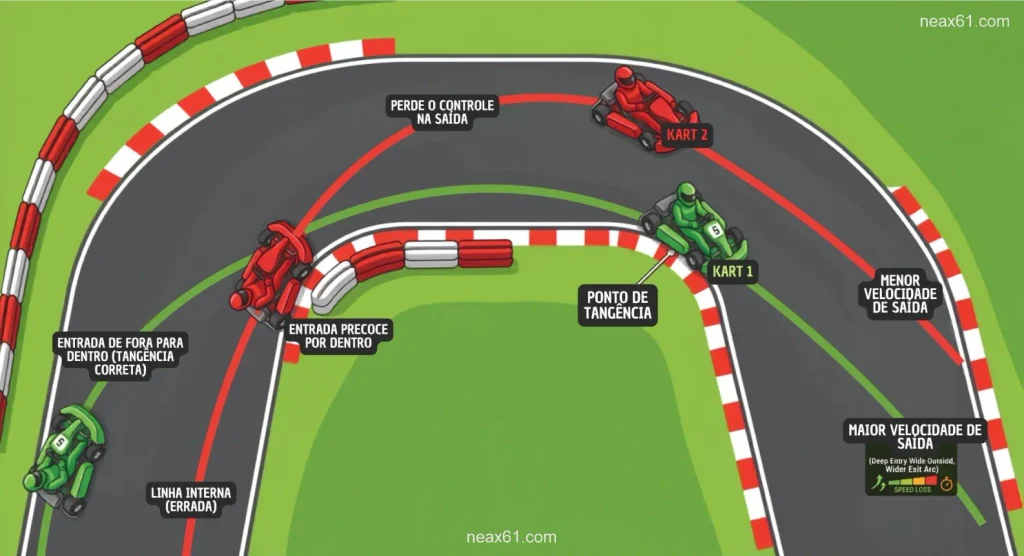 Ilustração técnica demonstrando a diferença entre o traçado incorreto e o traçado esportivo ideal para ultrapassagens no kart indoor.